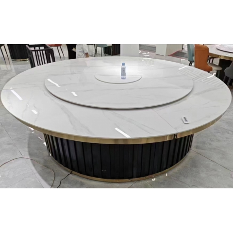 勝芳酒店桌批發(fā) 新中式 巖板 大圓餐桌 鋁合金包巖板飯店 家用圓形餐桌 火鍋桌 大圓桌子 高馳家具