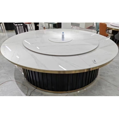 勝芳酒店桌批發 新中式 巖板 大圓餐桌 鋁合金包巖板飯店 家用圓形餐桌 火鍋桌 大圓桌子 高馳家具